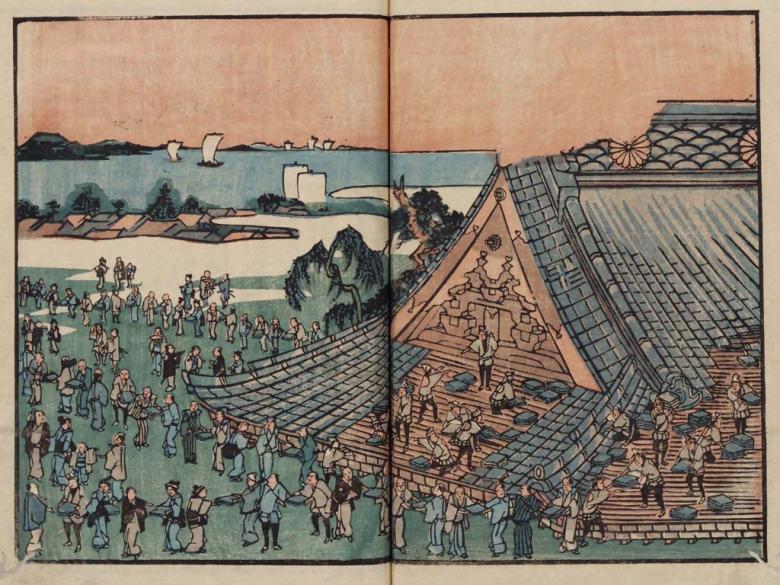 築地本願寺の再建の様子『安政風聞集』（国立公文書館より）