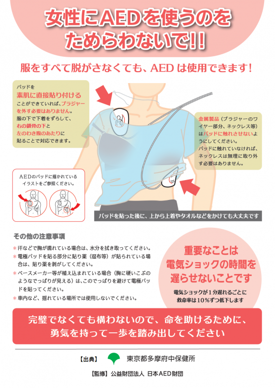 女性に配慮したAEDの使用方法（出典：東京都多摩府中保健所）