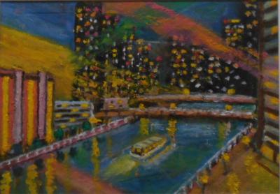夕映の運河（油絵）の画像